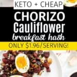 keto chorizo with cauliflower hash and soft boiled eggs