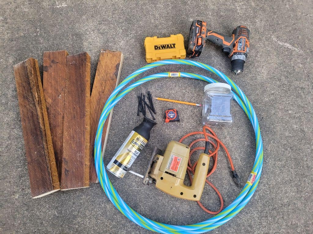 photo of wood, hoops, tools and materials to build a hoop shelf